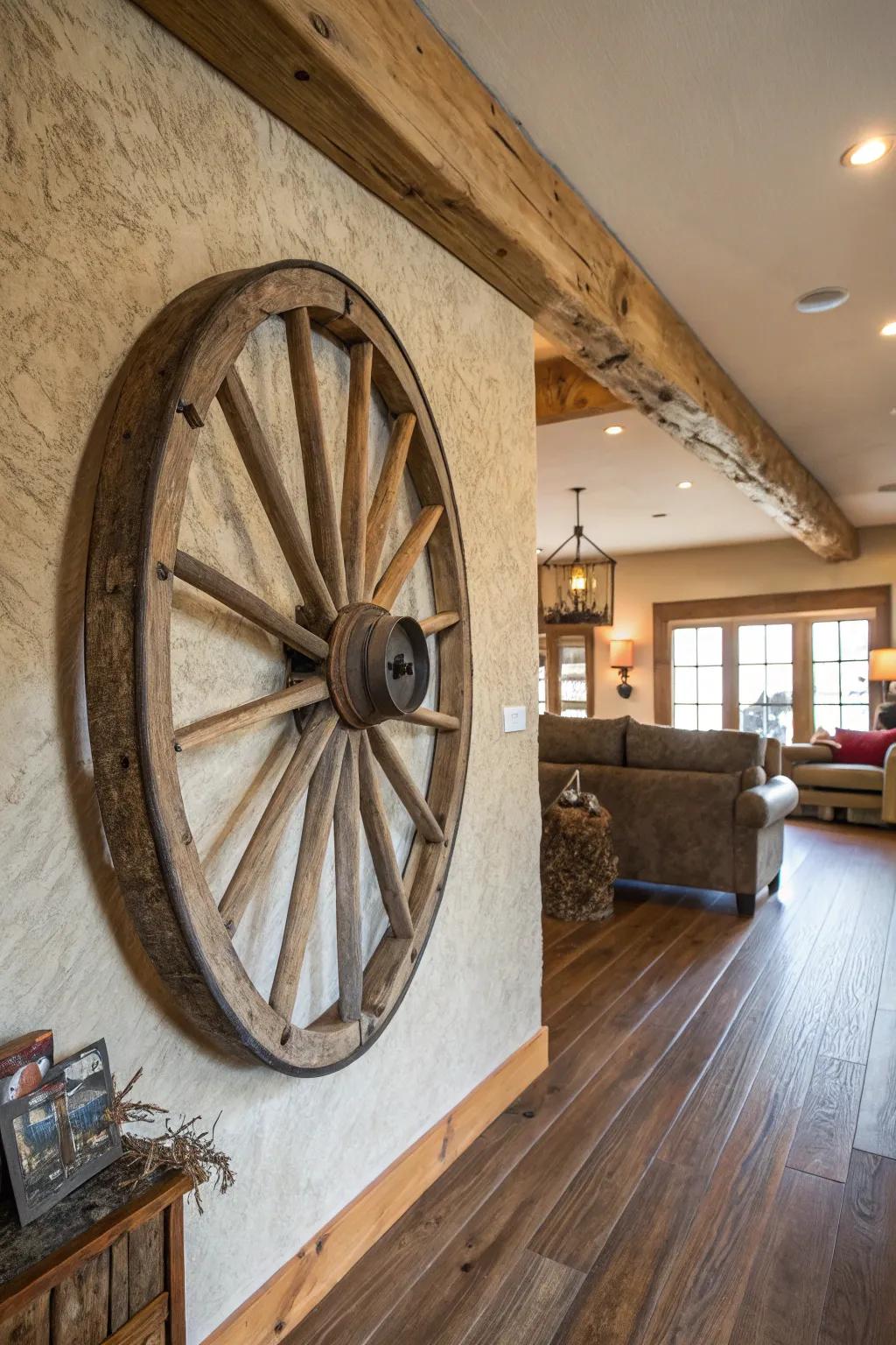 In this farmhouse living room, a cartwheel transforms into a captivating focal point.
