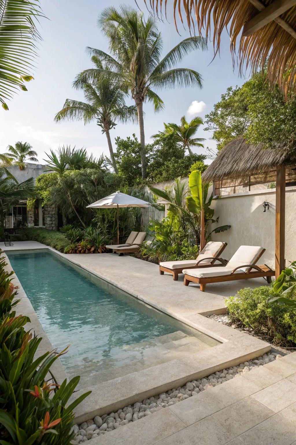 A beach entry offers an effortless transition from your backyard to the pool, ideal for unwinding.