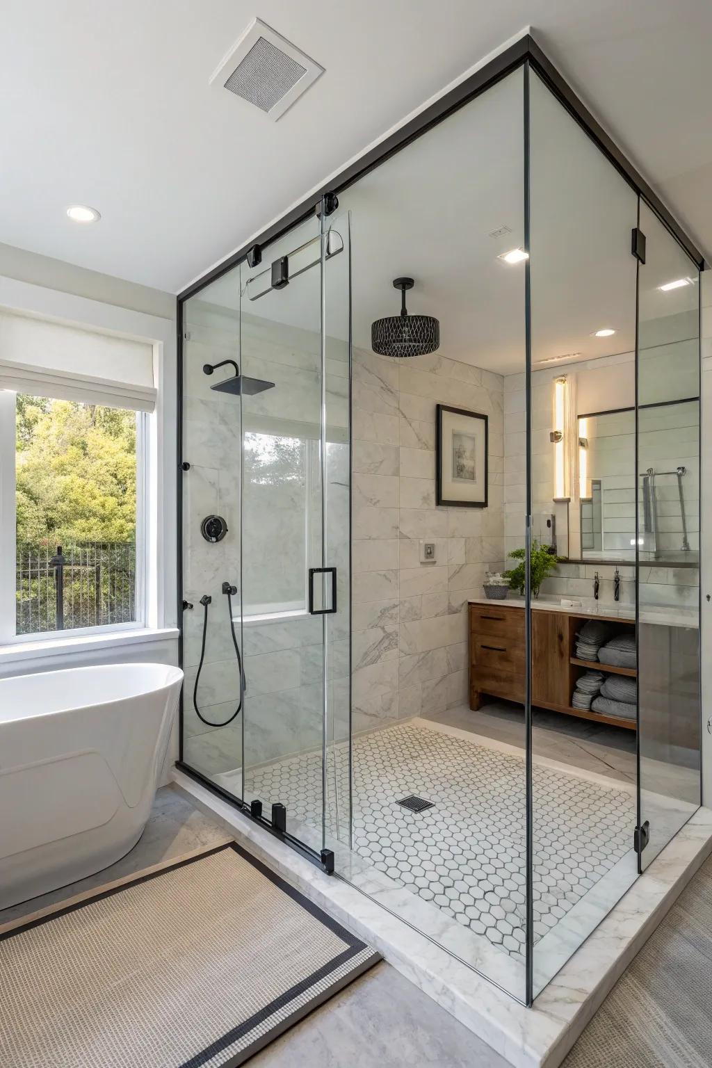 Open and airy walk-in shower layouts have the power to visually enlarge any bathroom.
