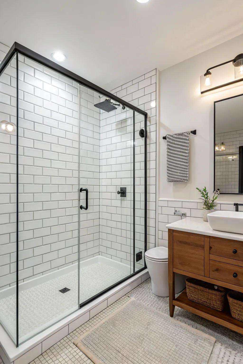 A minimalist bathroom showcases a walk-in shower with unframed glass, providing a fluid, unbroken appearance.