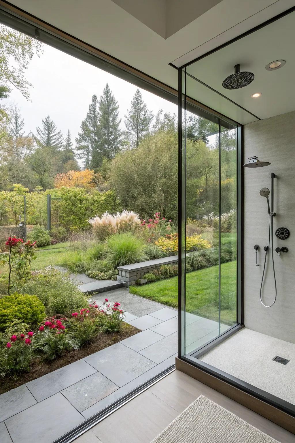 A walk-in shower featuring a large picture window, flawlessly blending indoor and outdoor environments.