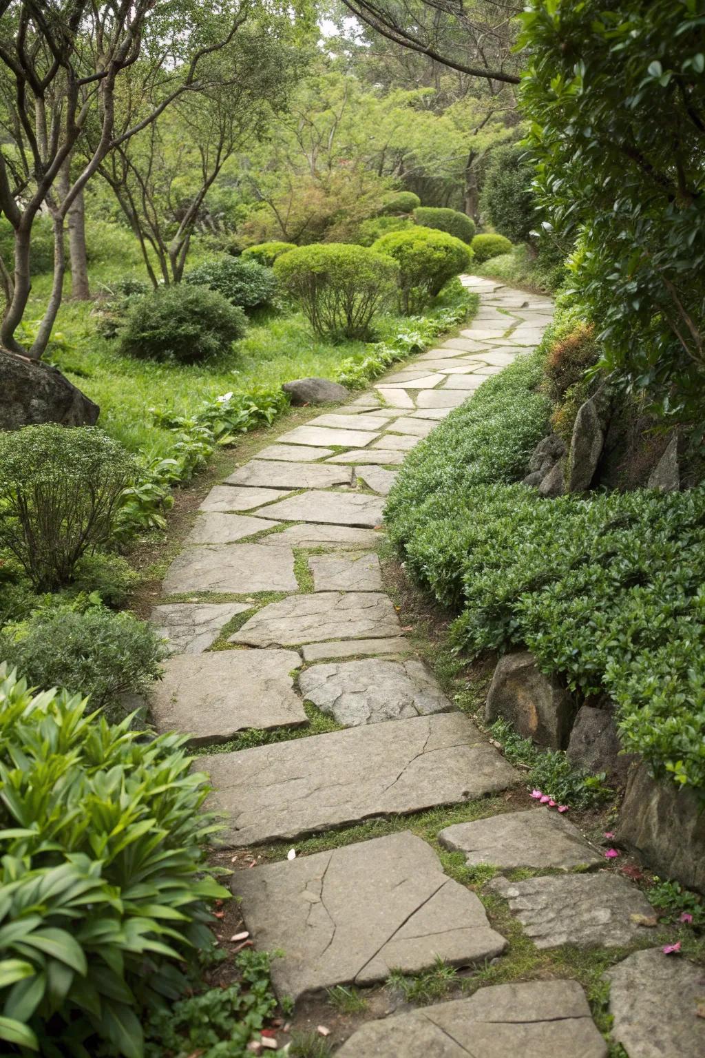 A stone slab walkway adds a touch of sophistication to any garden setting.