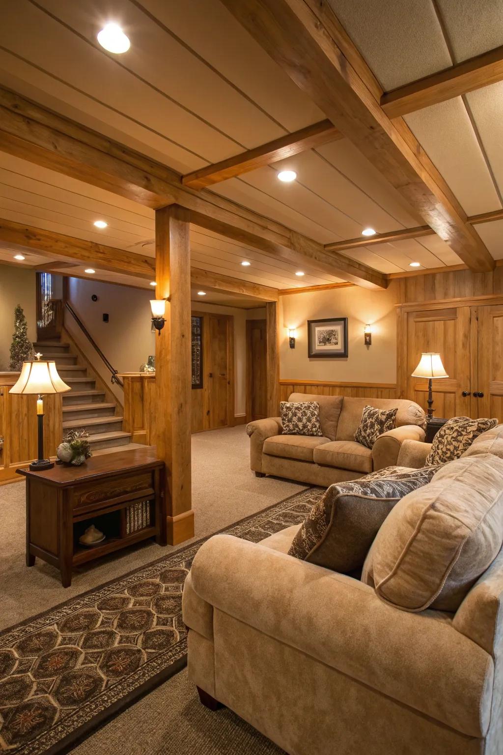 A comfortable living area with comfortable seating and radiant lighting.