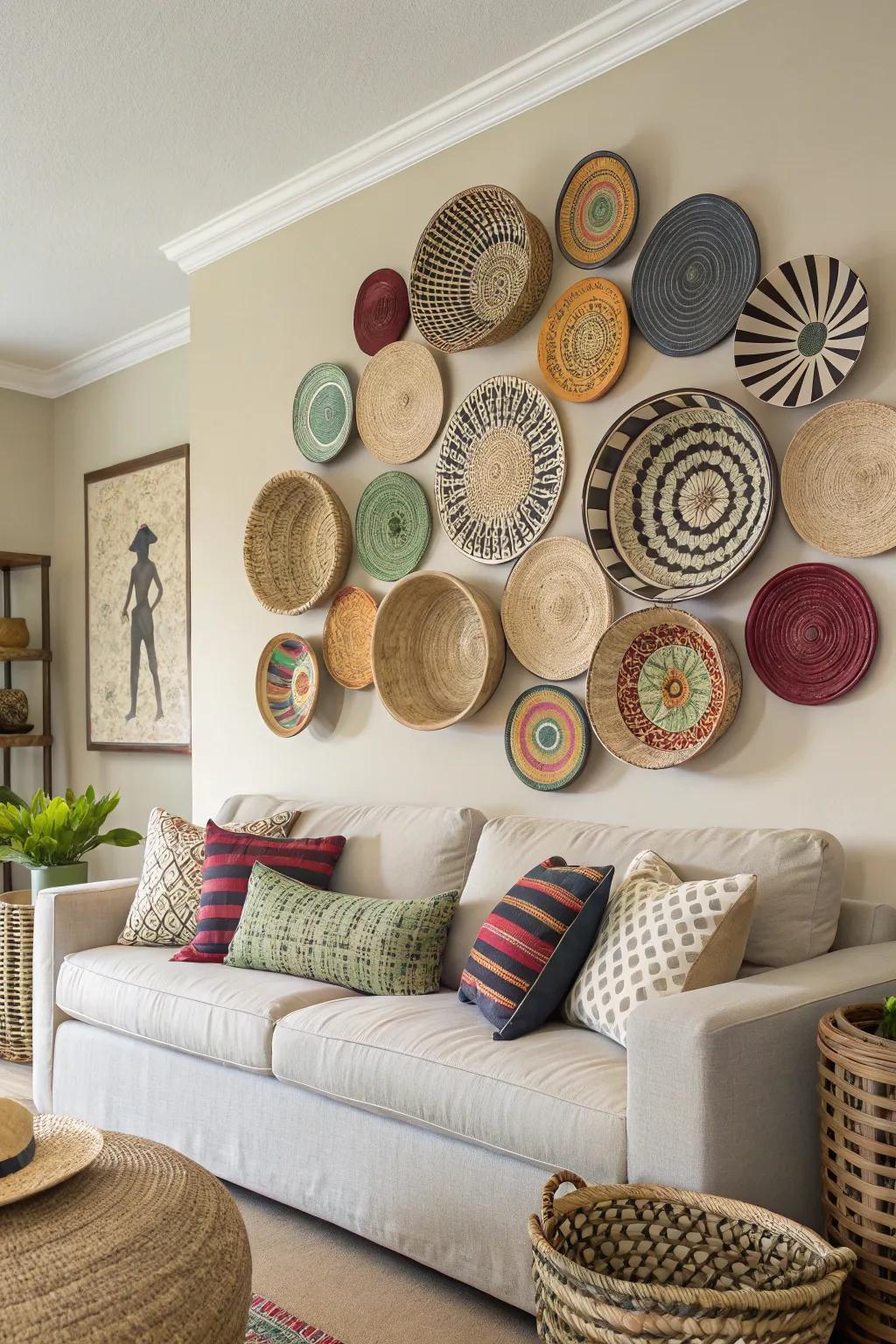 A basket showcase wall infuses texture and coziness into any area.