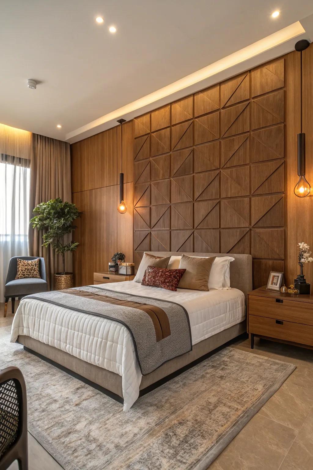 Inviting timber panels fashion an embossed setting behind the bed.