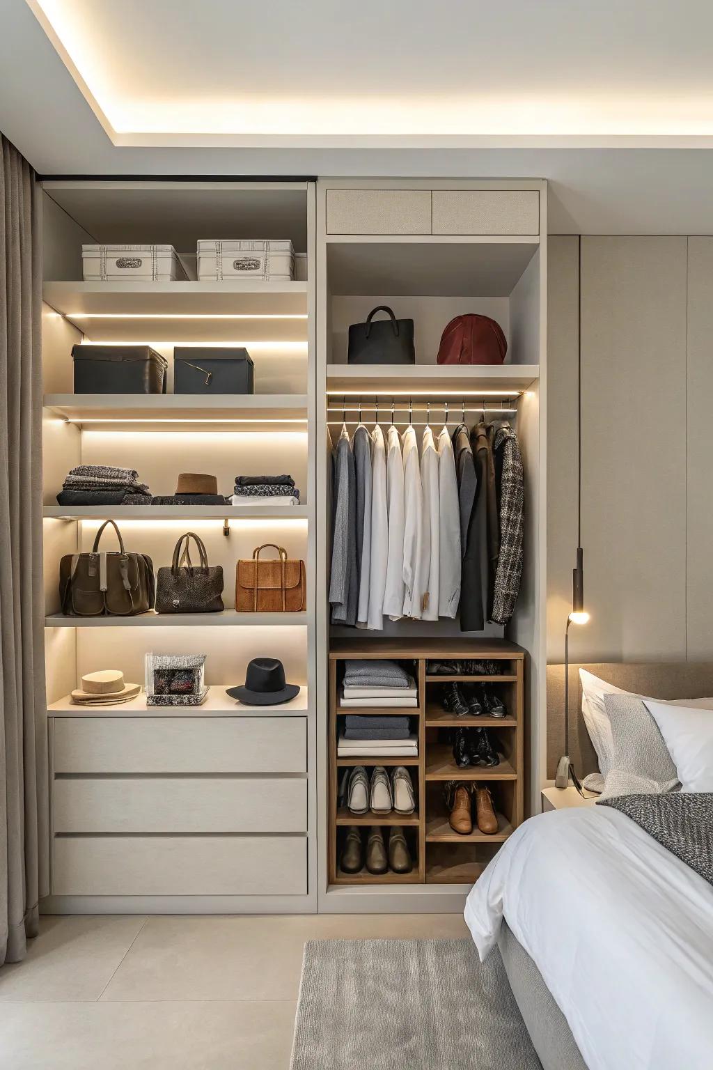 Open shelving offers excellent access and organization in a wall closet.