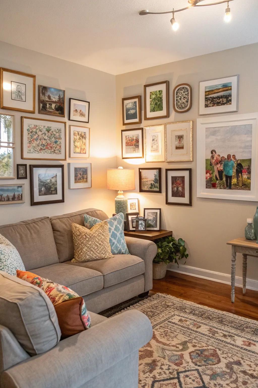 A vibrant gallery wall brings personality and appeal.