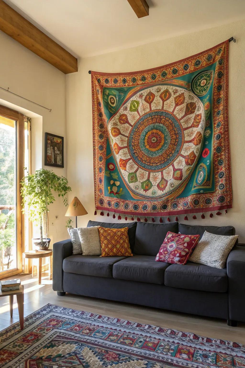 A woven artwork can serve as the main attraction in your living area.