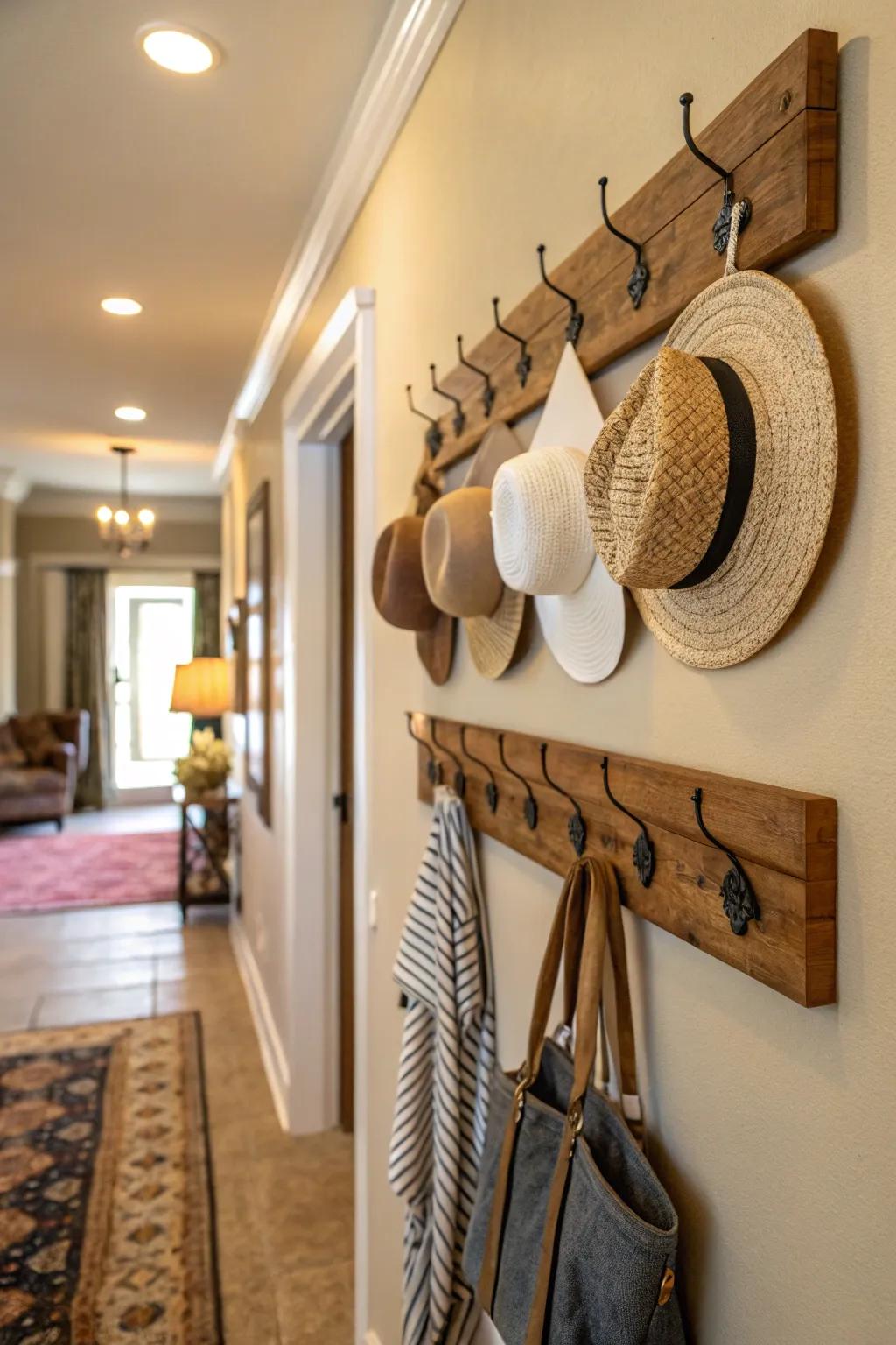 A welcoming corridor featuring a timber knob rail exhibiting hats vertically