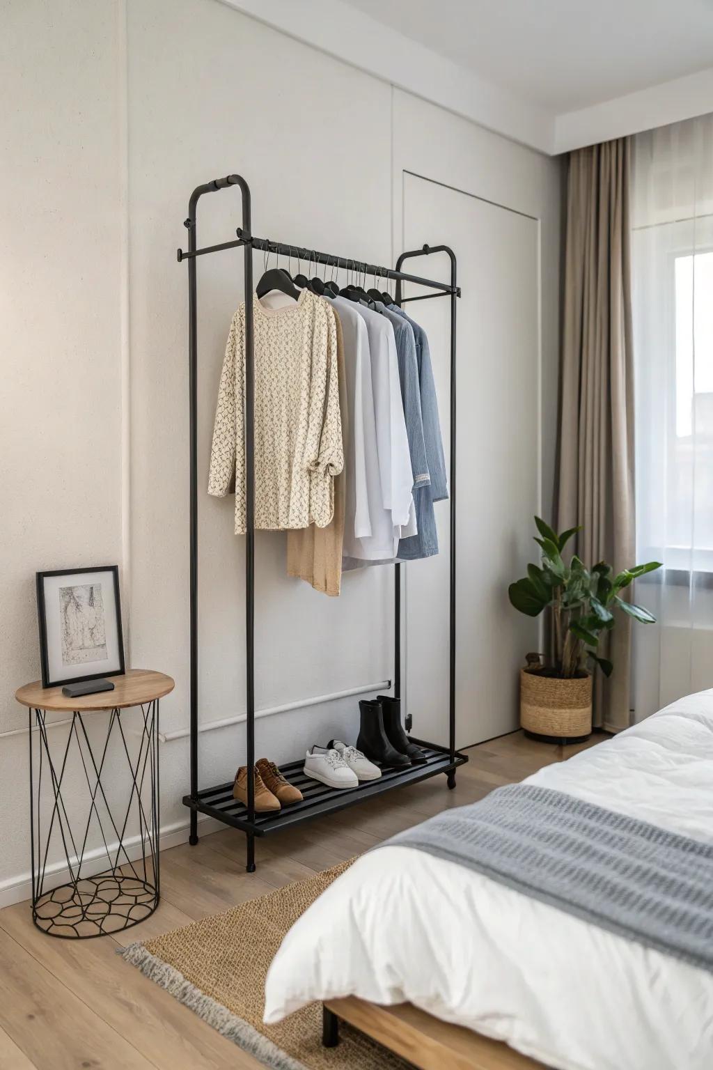 A minimalist bedroom showcasing a sleek wall-mounted clothing rack.