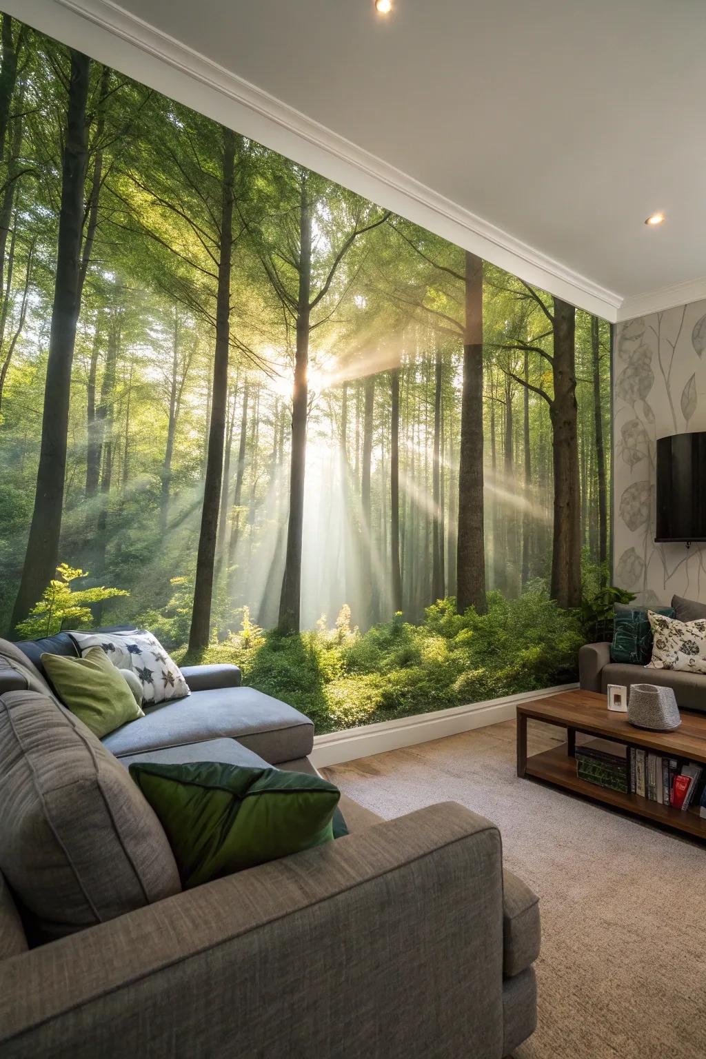 Experience woodland calmness through this striking wall mural.