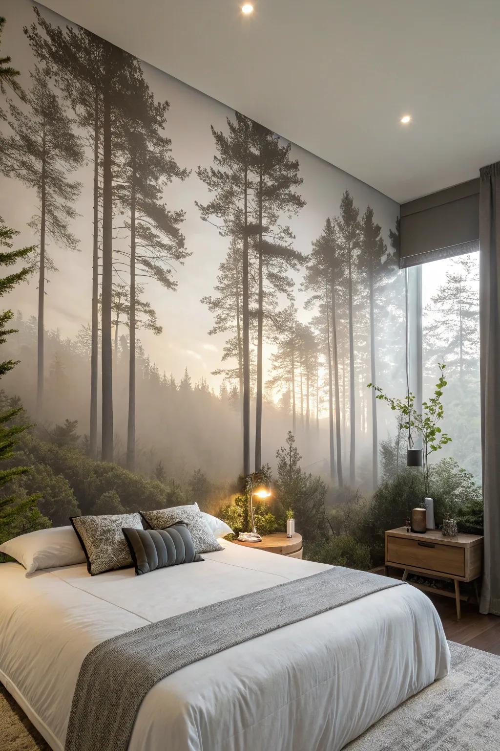 Design a calming bedroom retreat with a forest wall mural.