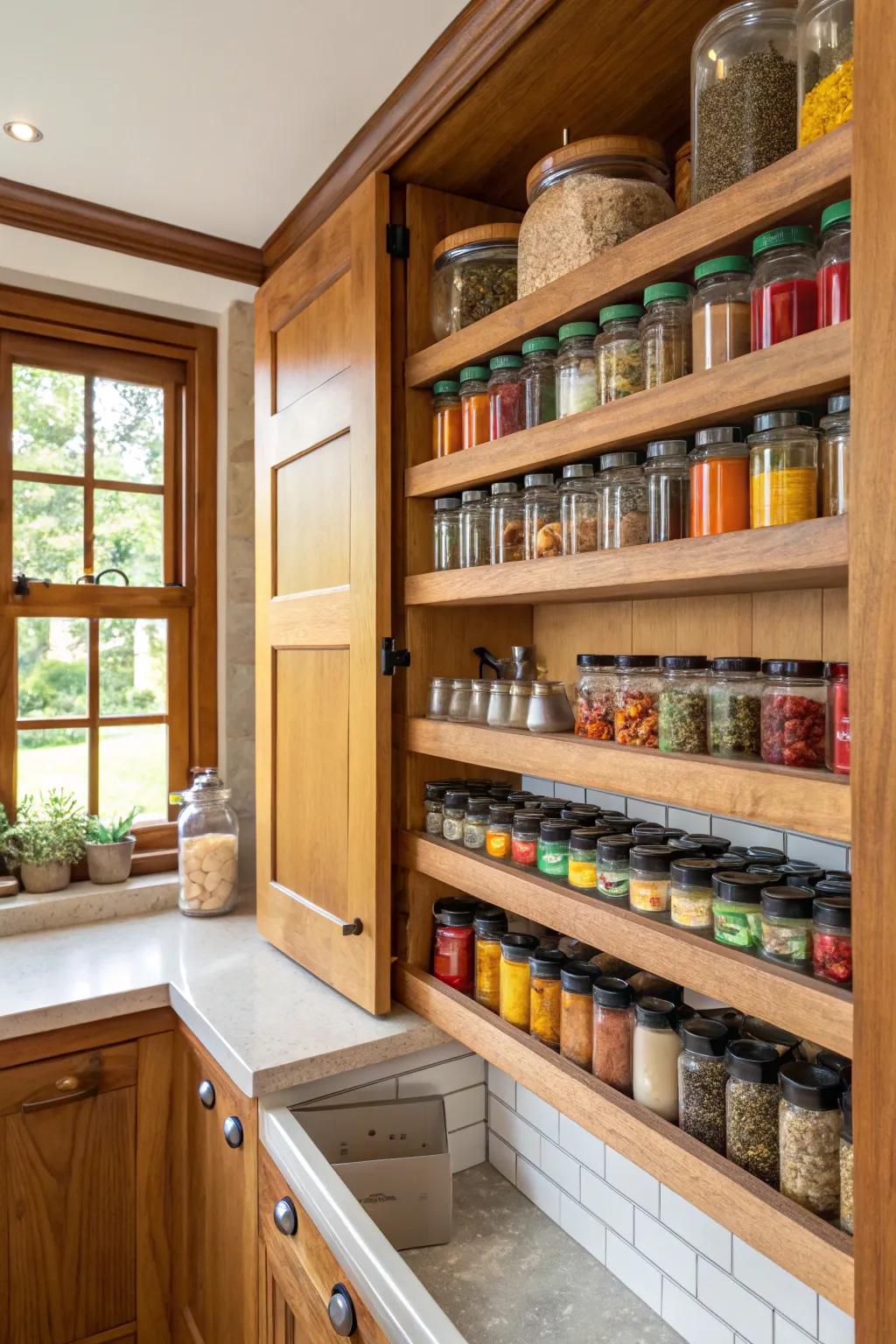 Display shelving introduces a homespun appeal to your spice setup.