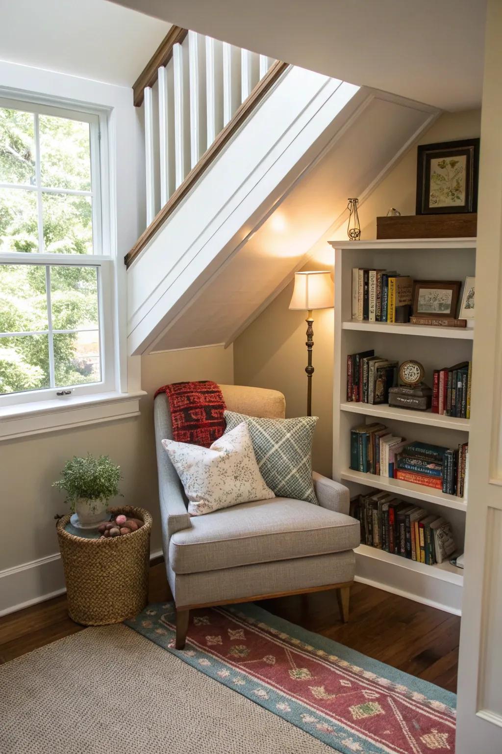 A snug reading nook nestled under the stairs provides a perfect getaway.