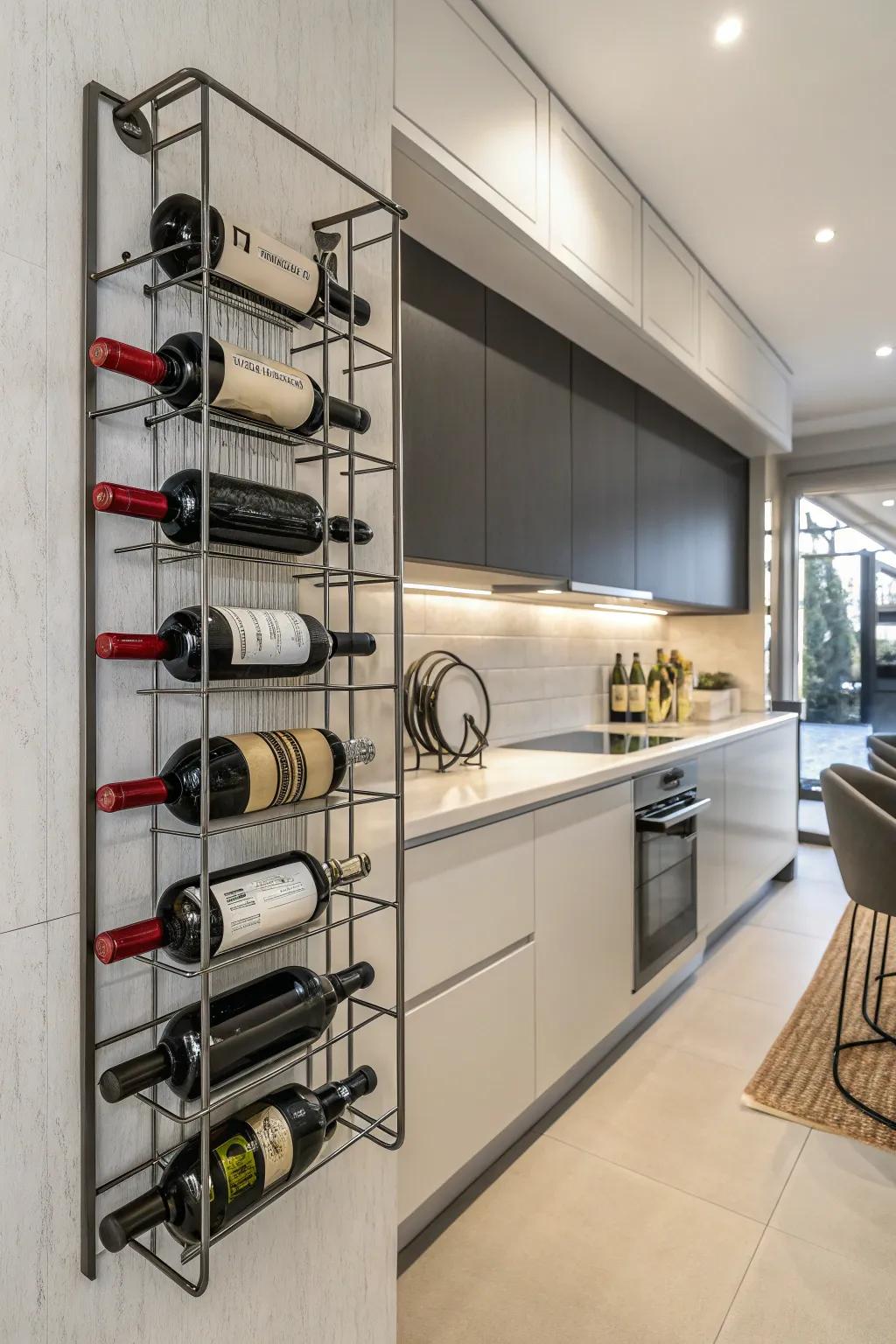 Steel wine racks provide a refined touch to modern kitchens.