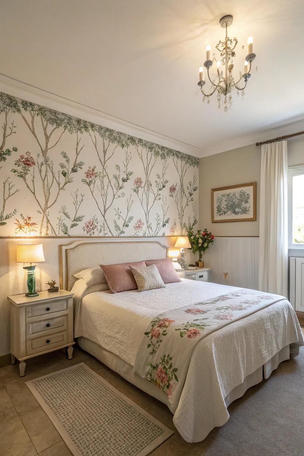 A tranquil bedroom enhanced by a floral wallpaper border.