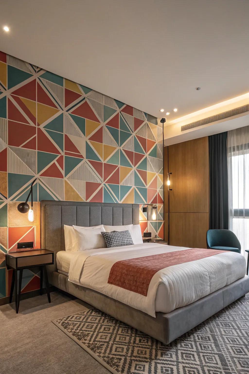 Geometric patterns offer a contemporary element to bedroom décor.
