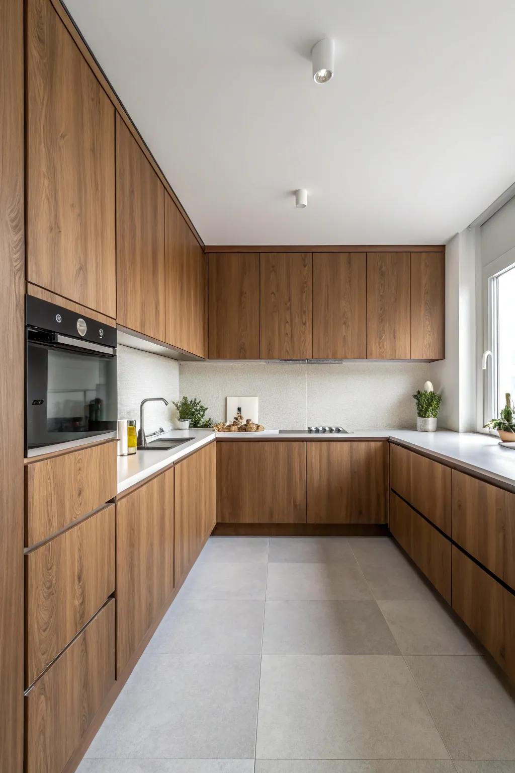 Minimalist darkwood cabinets embody a clean and streamlined design.