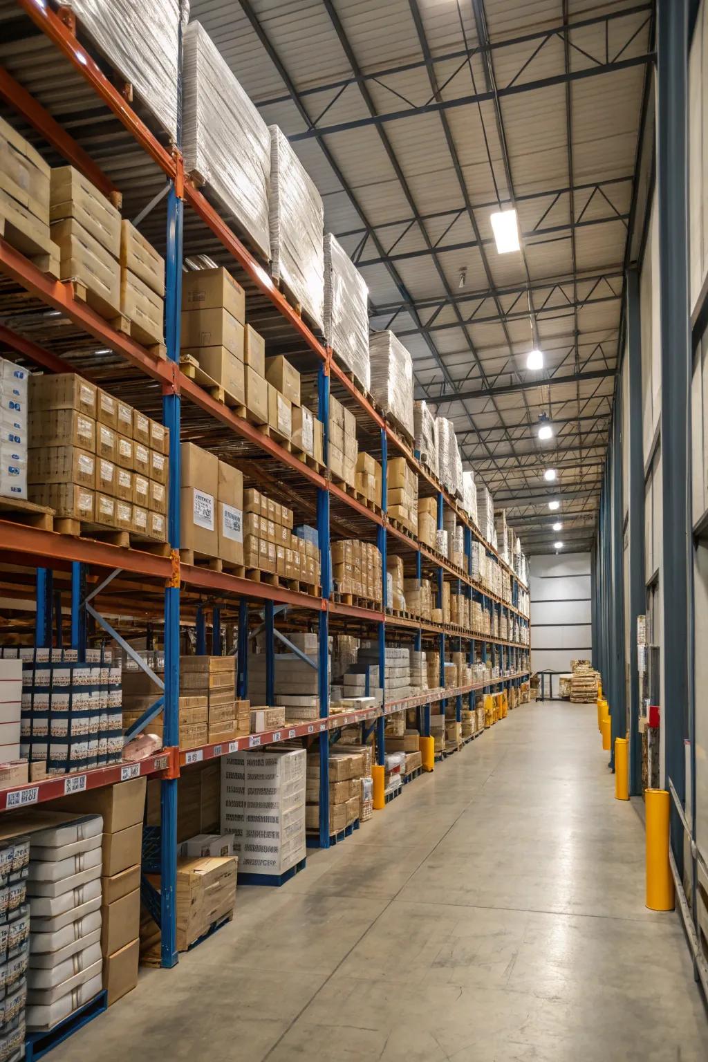 Using high shelving maximizes space in warehouses.