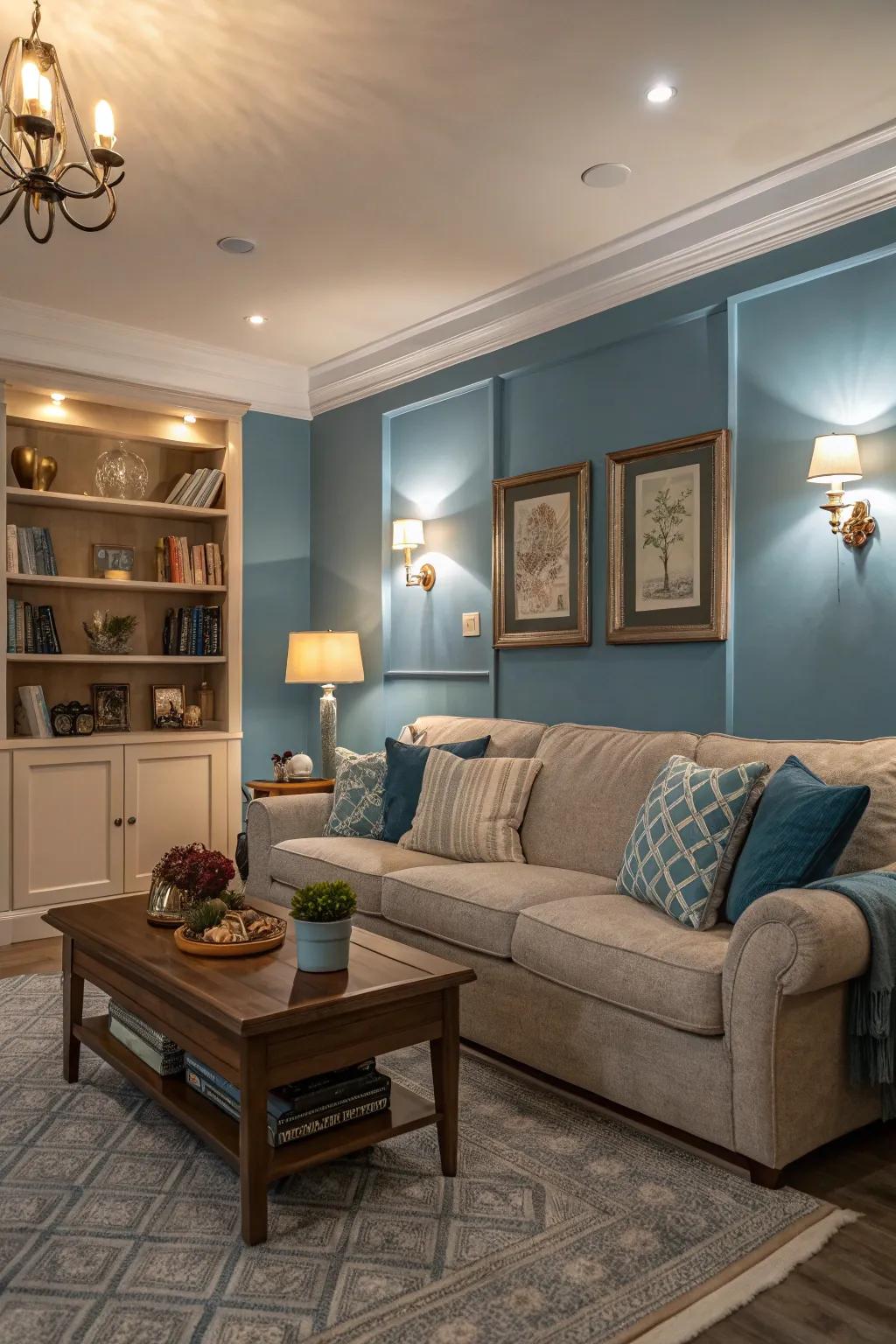 Transform your living room into a haven of tranquility with gentle cerulean walls.