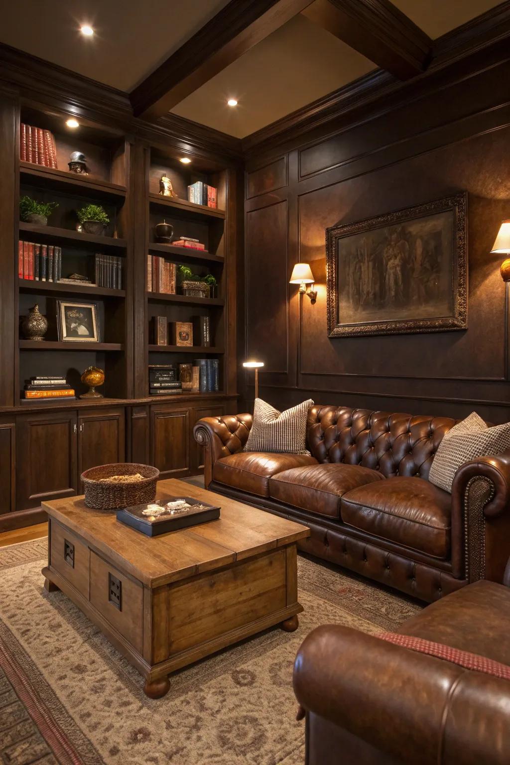 Deep earthy shades can introduce extra dimension and coziness to a masculine living area.