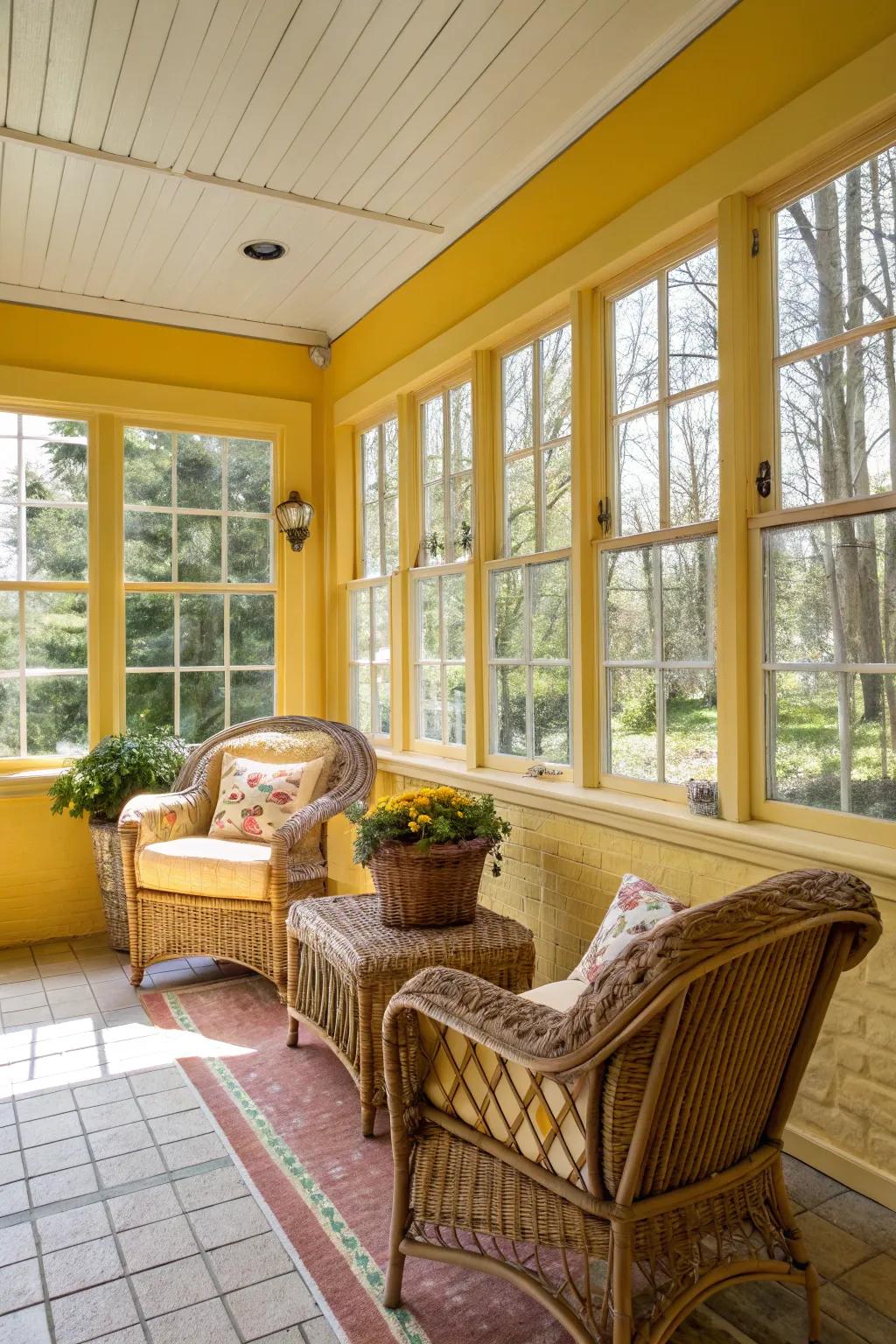 Sunroom painted in a vibrant, cheerful yellow, filled with warmth and joy.