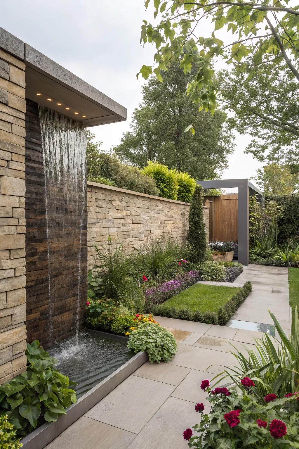 Modern fountain walls introduce a sophisticated and calming ascending water element to your garden space.