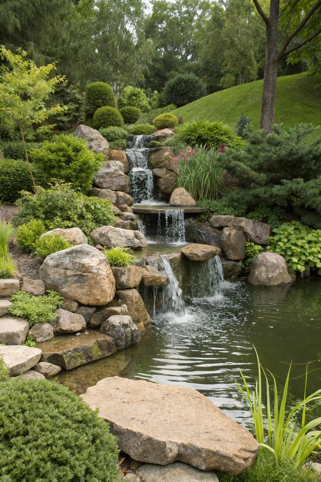 A cascading rocks waterfall brings a natural element to your garden.