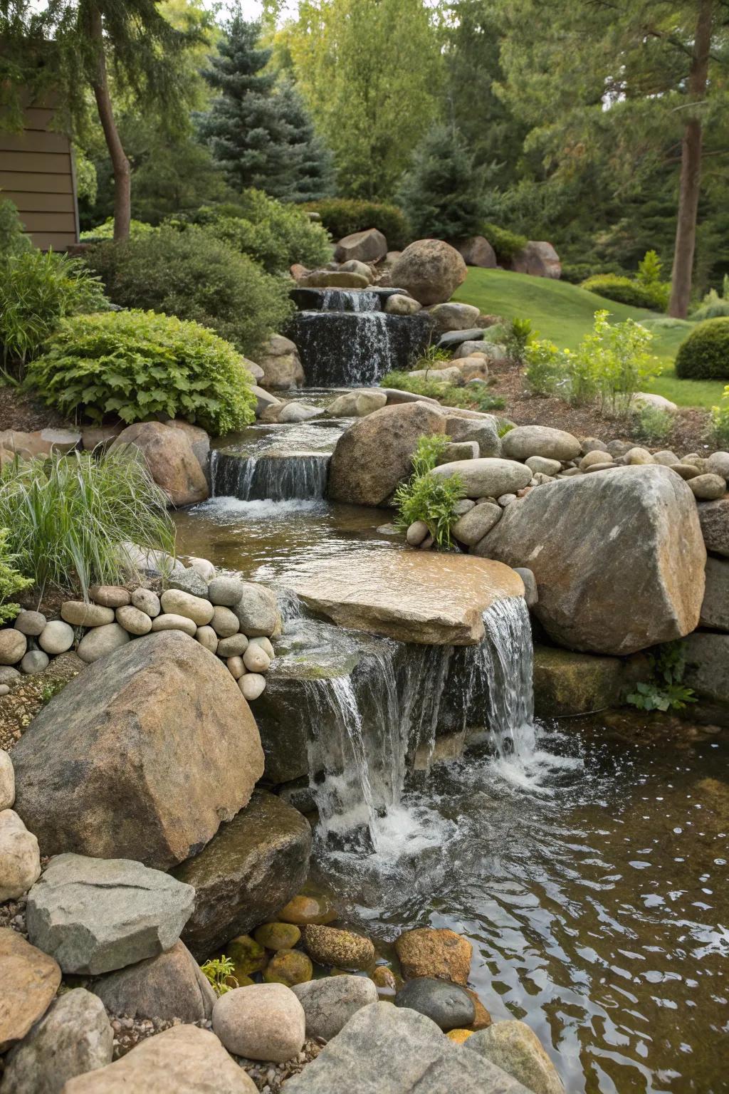 A garden water feature where water flows over an array of natural rocks.