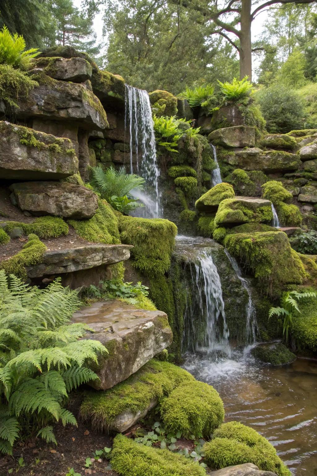 A tiered rock cascade provides a calming acoustic backdrop in the garden.
