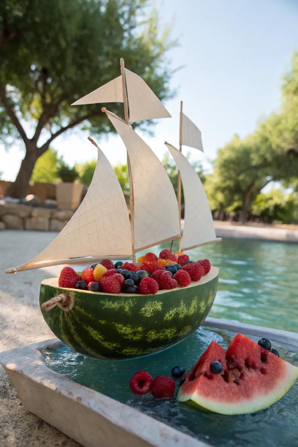 A classic melon sailboat flaunting lively paper sails and a mixed berry filling.