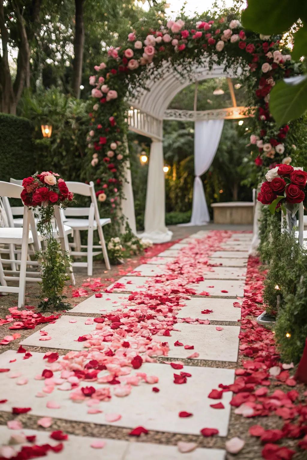 A romantic aisle adorned with vibrant rose petals for a dreamy walk.