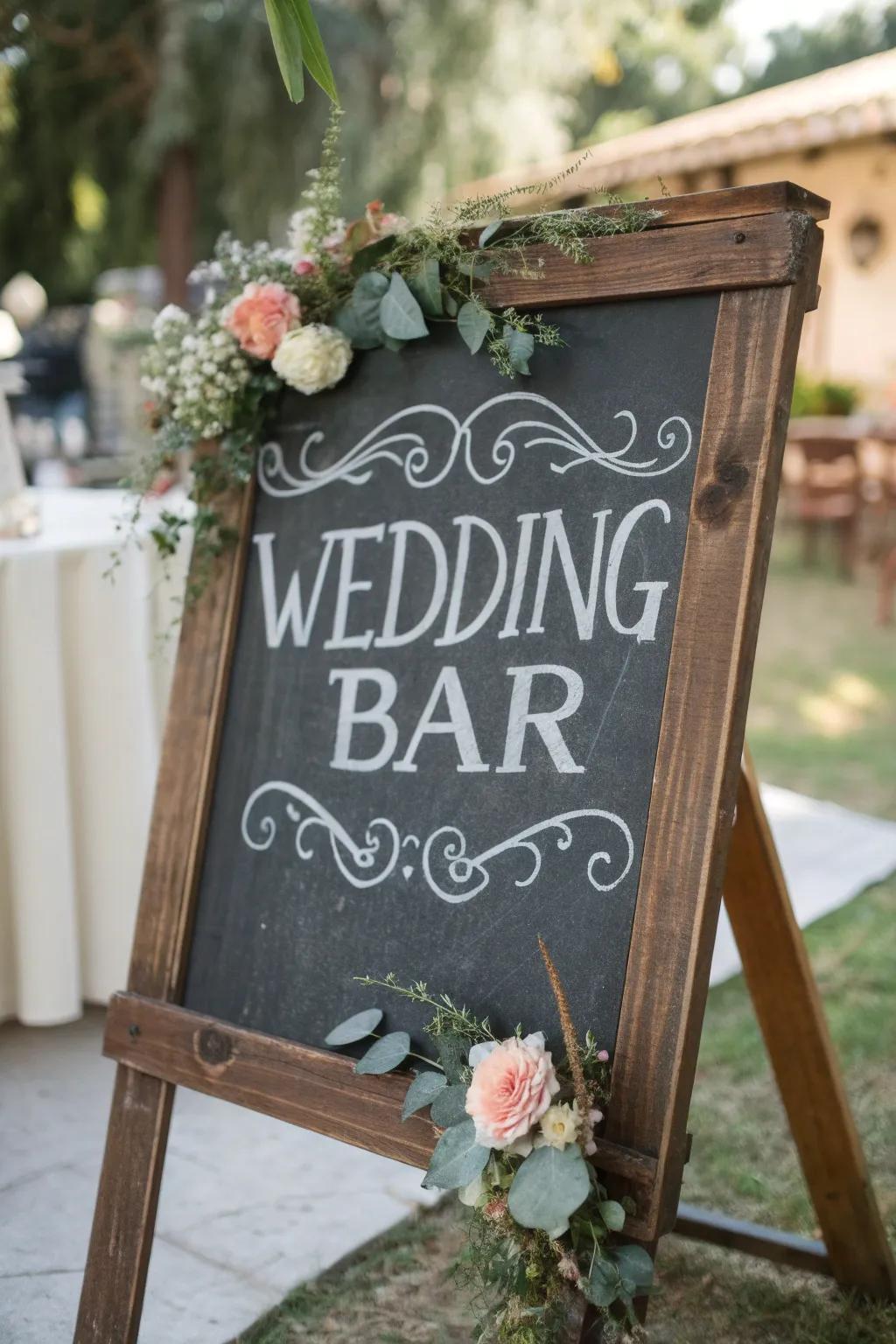 A delightful chalkboard bar sign featuring whimsical lettering and floral accents.
