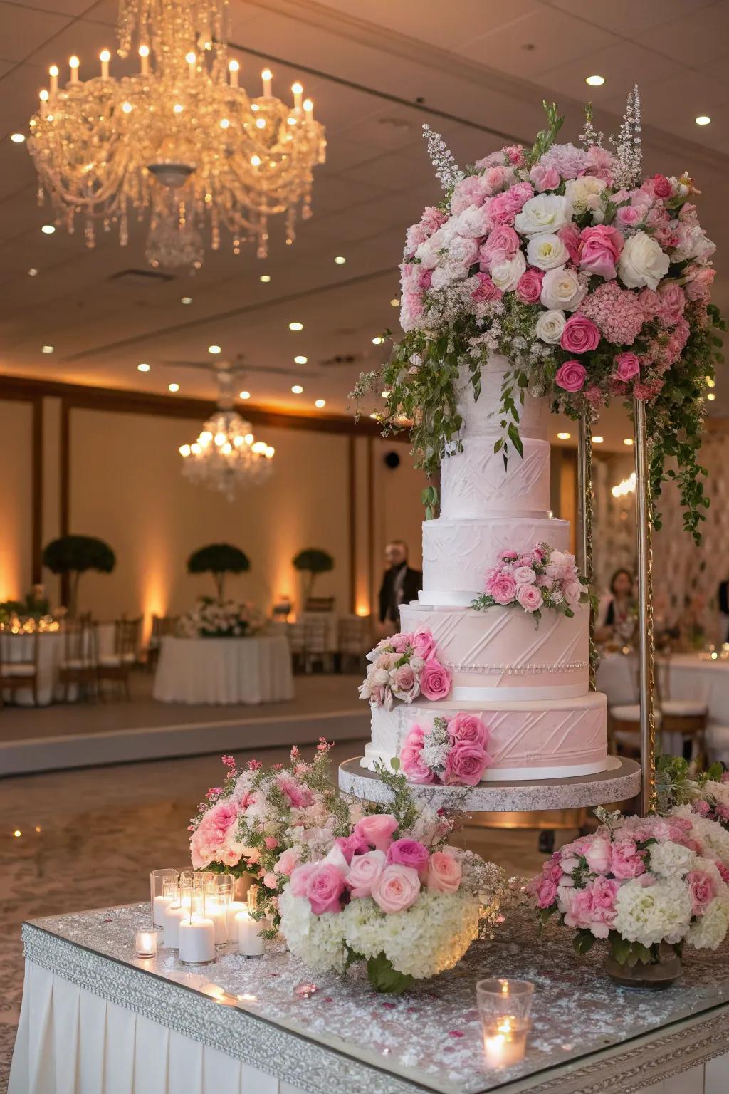 A wedding cake arrangement enhanced by blossoming flowers.