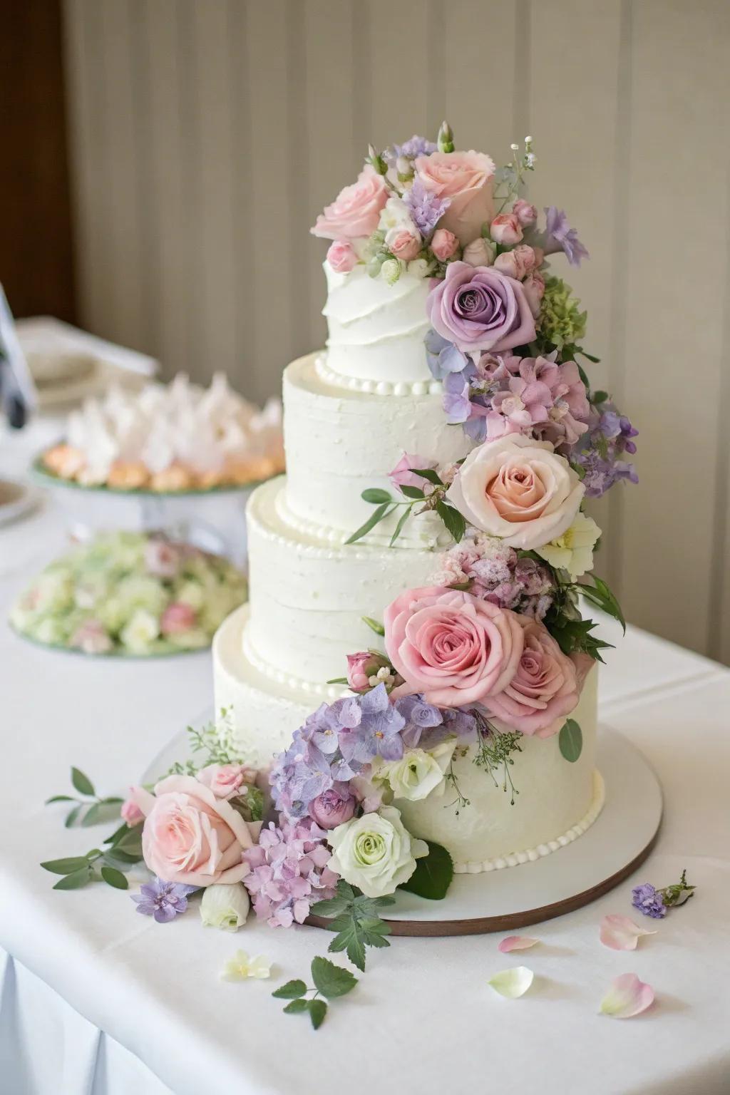 A wedding cake featuring cascading real flowers for a touch of ageless beauty.