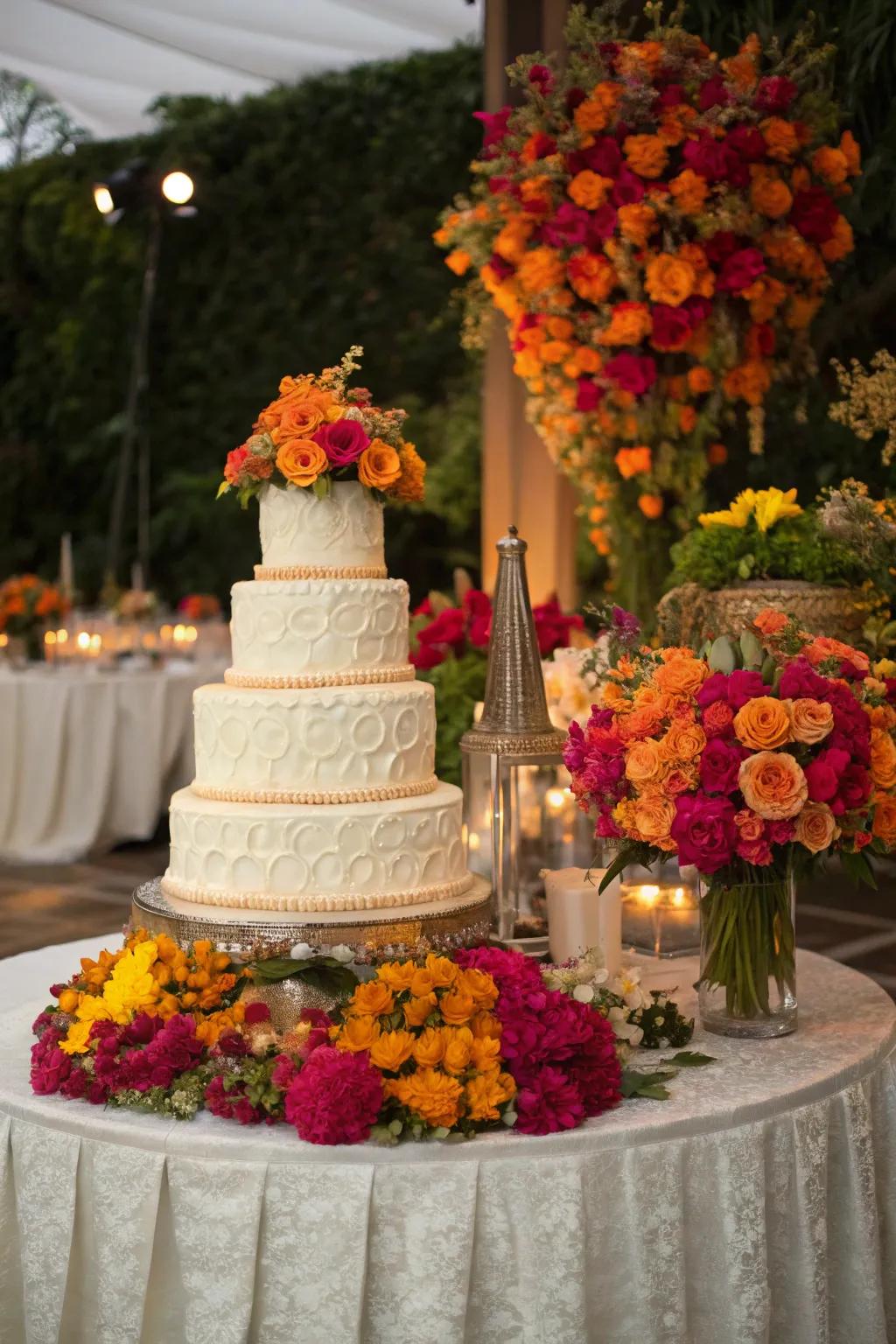 A cake table decorated with a rich floral arrangement.