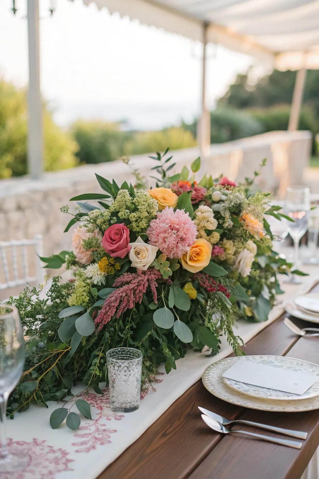 A wedding table featuring an overflowing floral centerpiece for a garden-like feel.