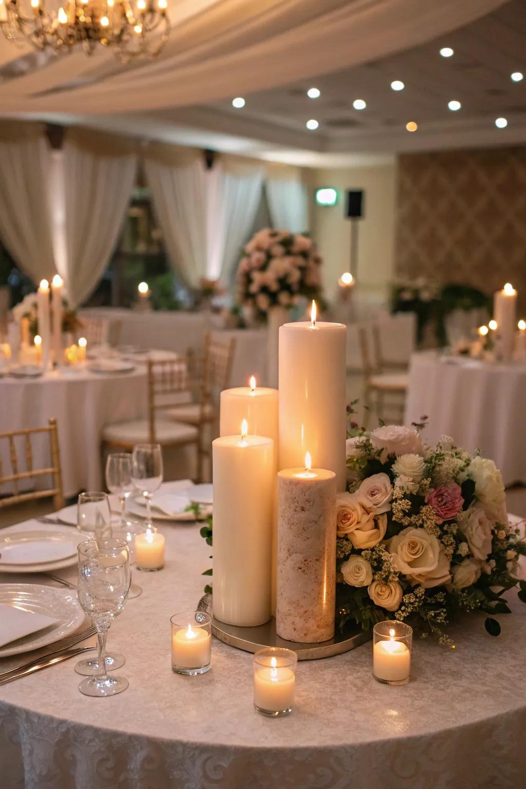 A comforting, candlelit centerpiece ideal for infusing romance into your reception tables.