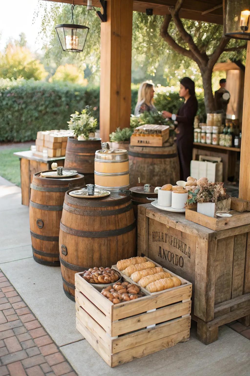 An earthy wedding coffee corner featuring wood casks and vintage containers.