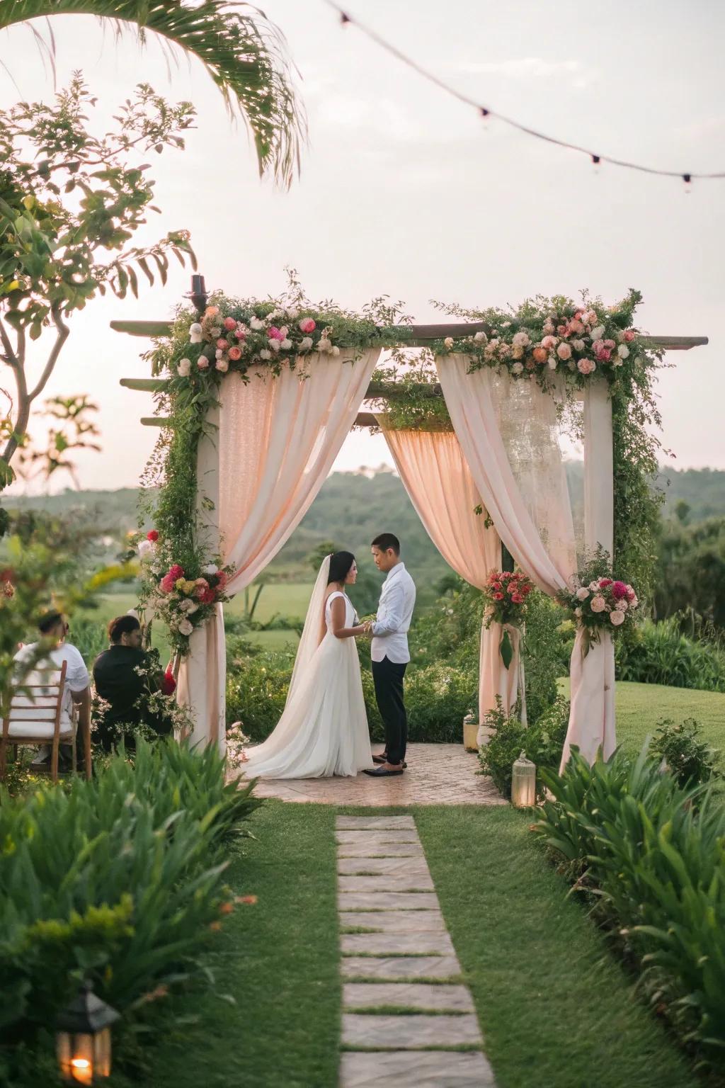 Design an enchanting garden wedding by integrating drapes with the natural surroundings.