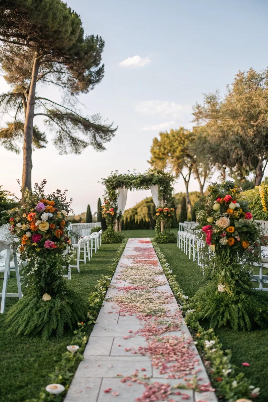 A garden-inspired aisle beautifully decorated with abundant greenery and blooms
