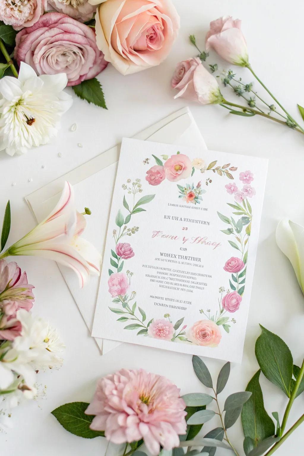 Wedding invitation with watercolor flowers, evoking a gentle and romantic mood.