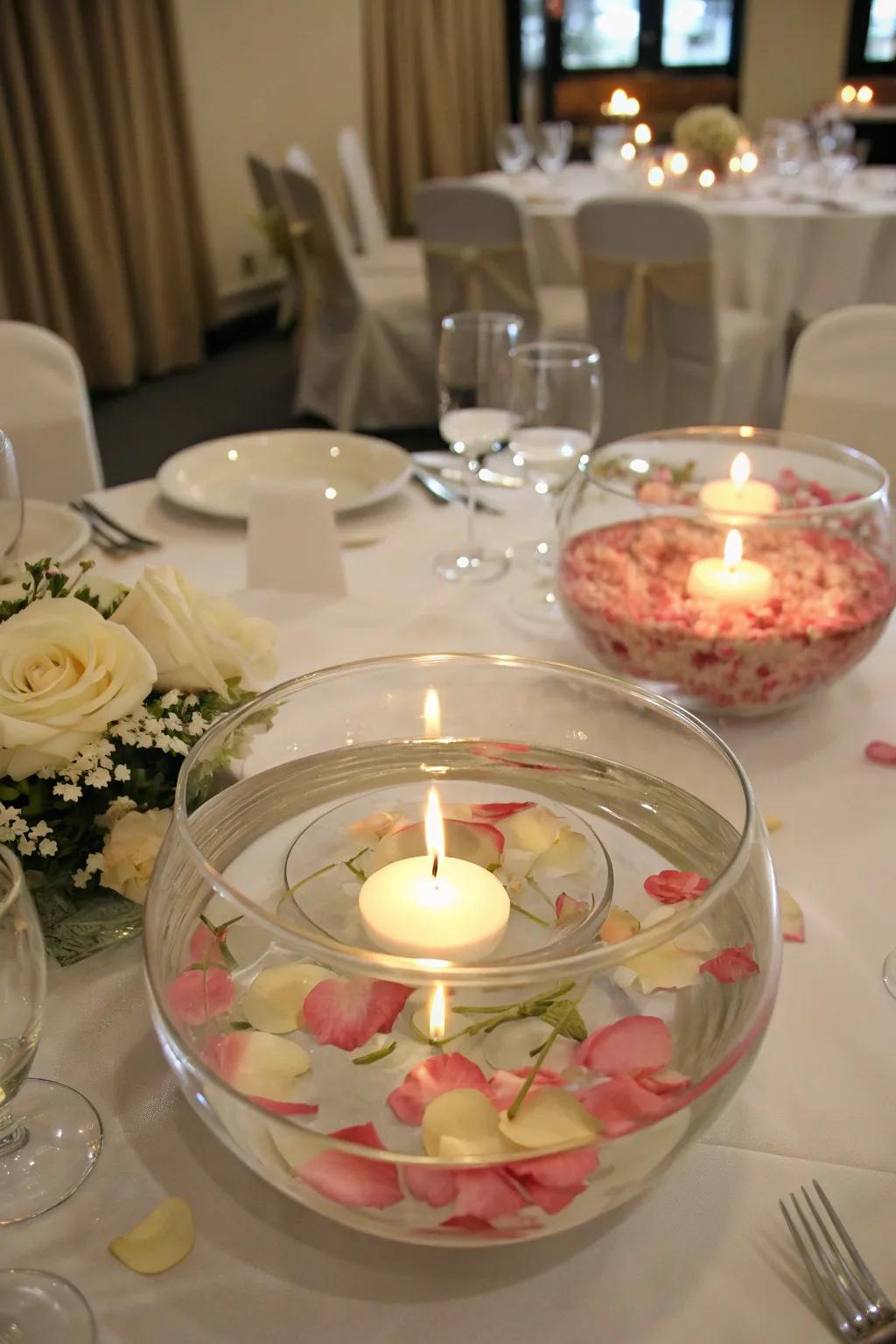 Floating candles and flower petals creating a bewitching environment.