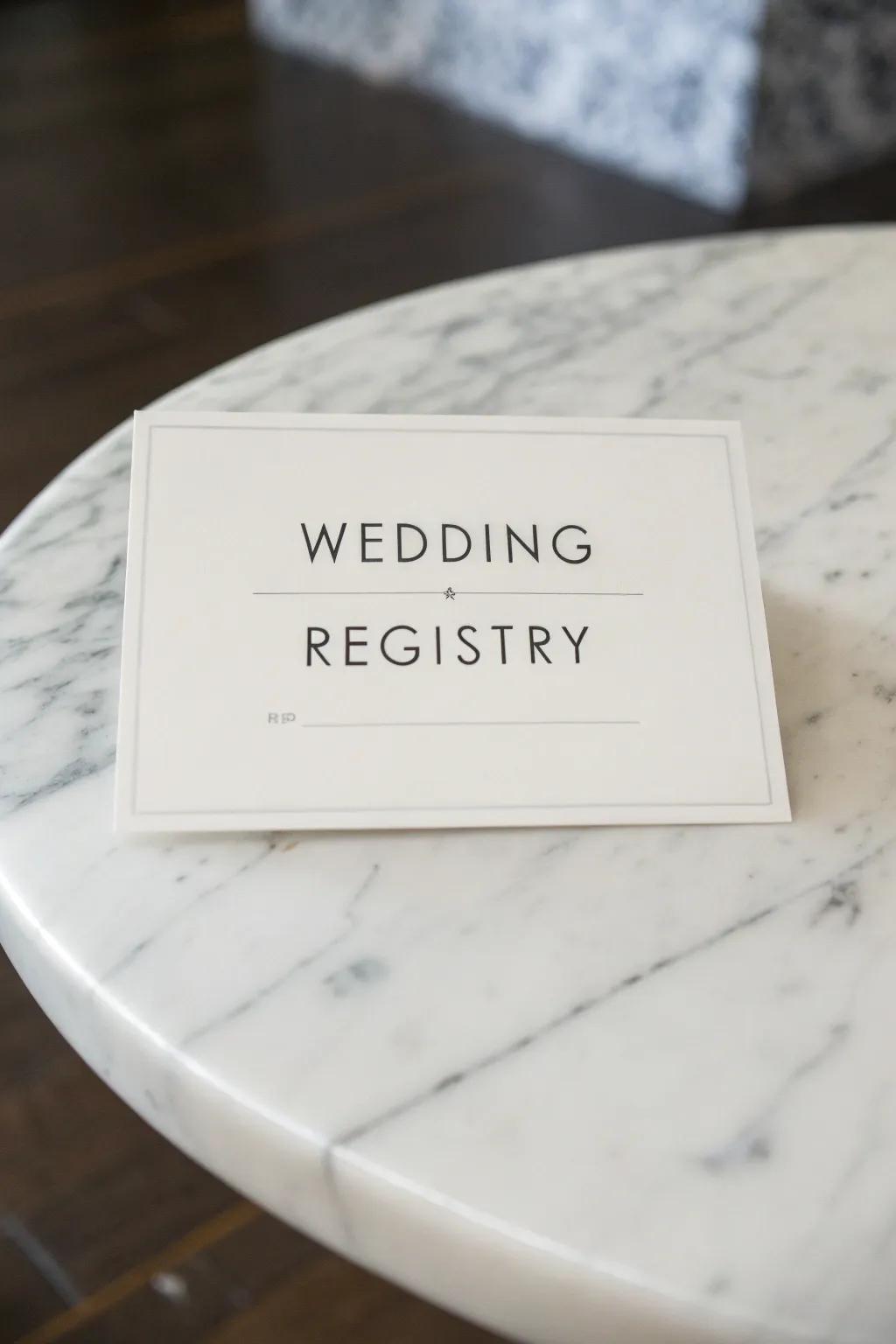 Simple wedding registry card showcasing clean design and typography.