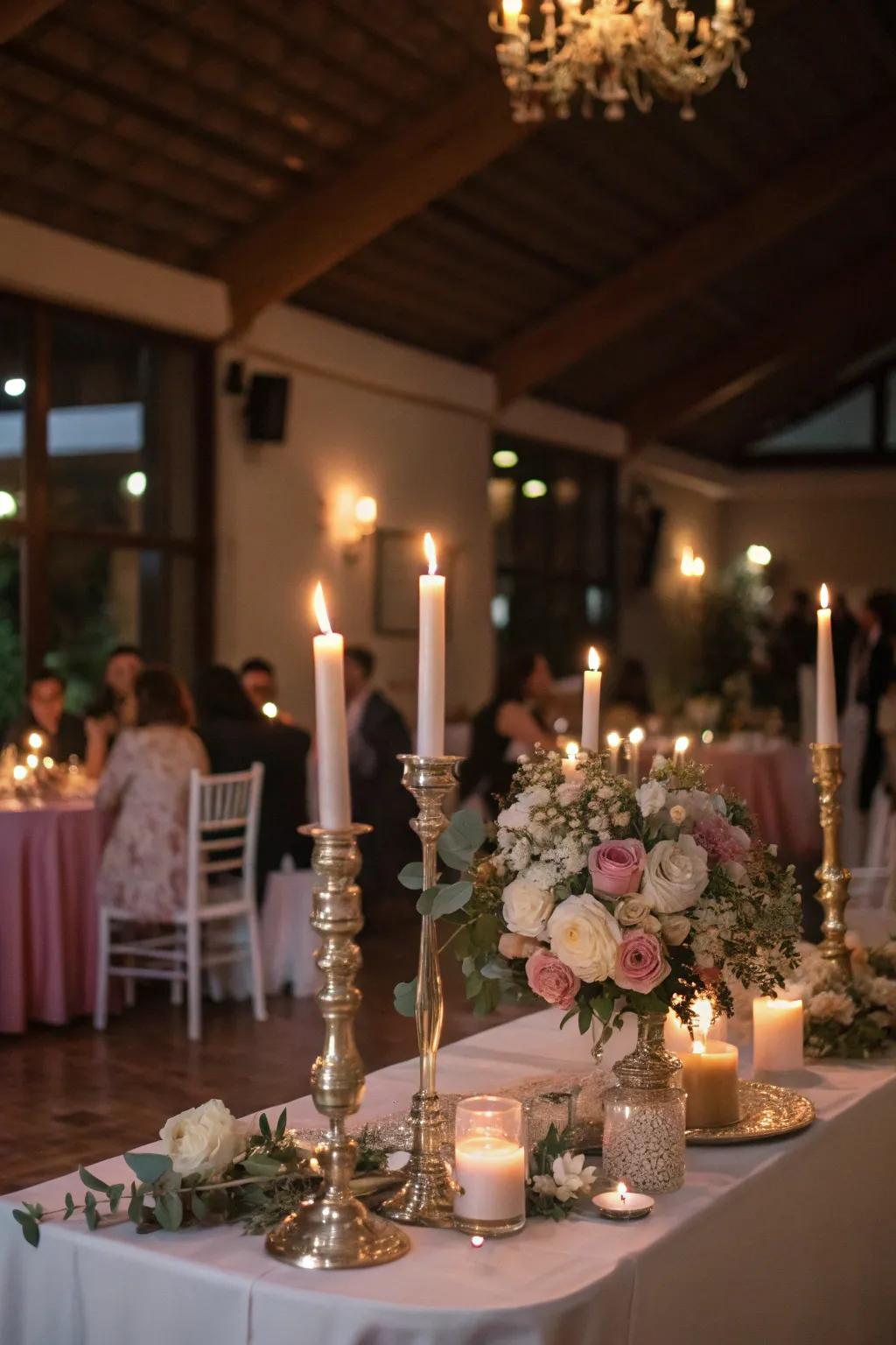 A candle-lit table design establishes an intimate setting.