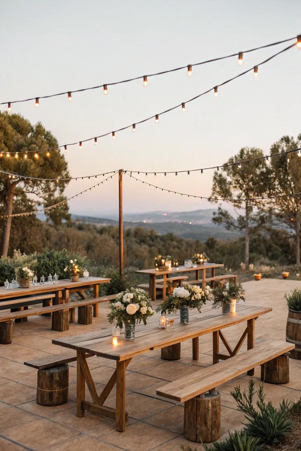 A down-to-earth wedding theme emphasized by organic wood and gentle illumination.