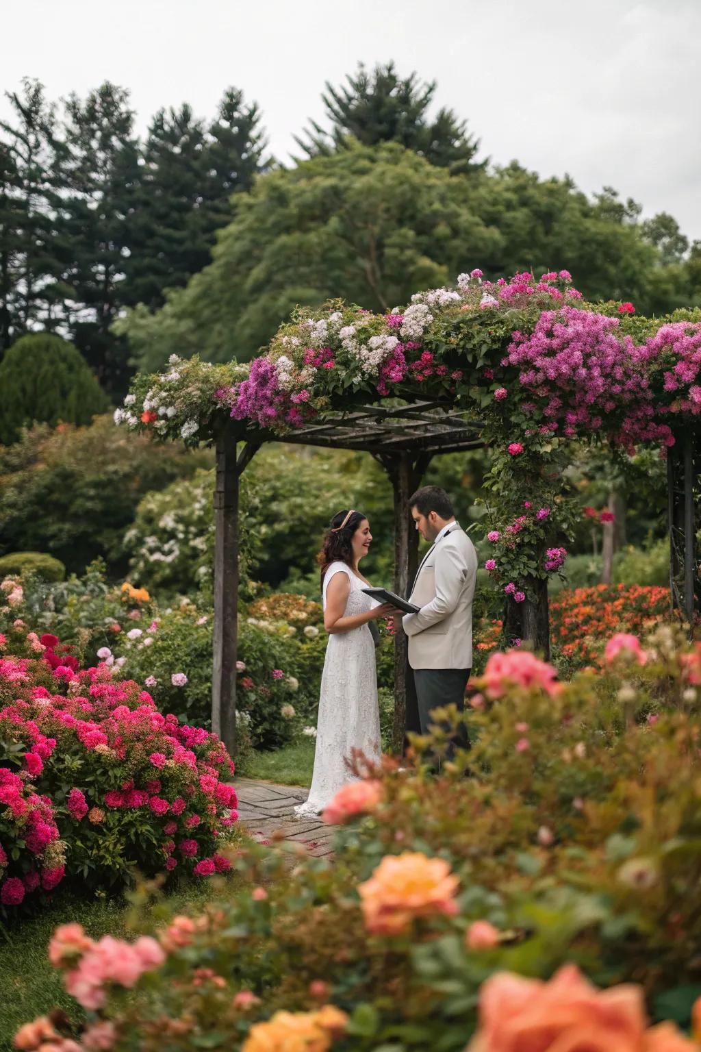 A couple exchanging vows in a vibrant garden setting, embraced by colorful blooms.