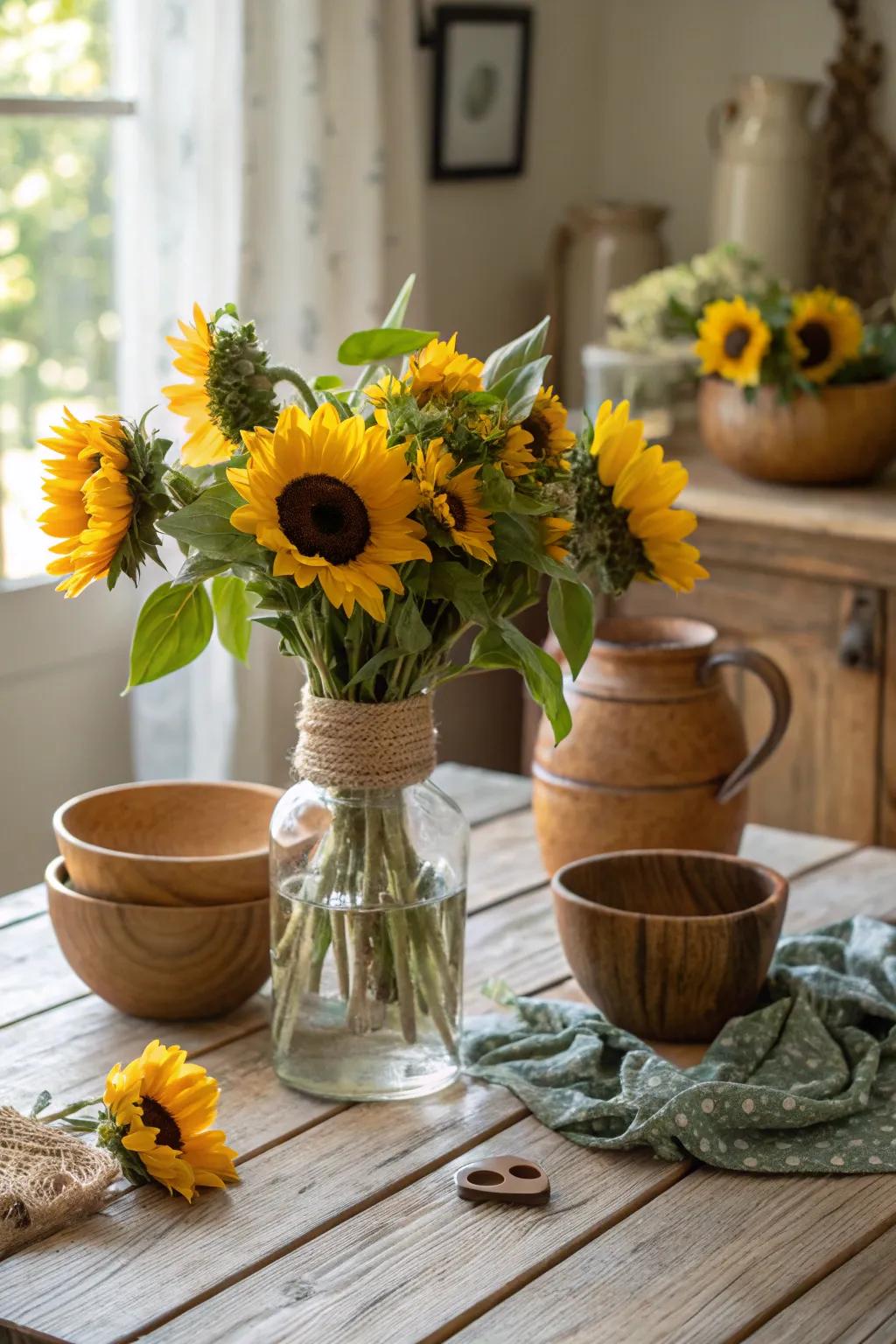 Sunflowers nestled in a jug infuse a burst of pastoral charm onto any table setting.