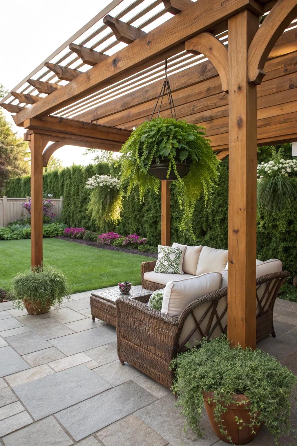 A wooden pergola that brings shade and appeal to a western-themed patio.