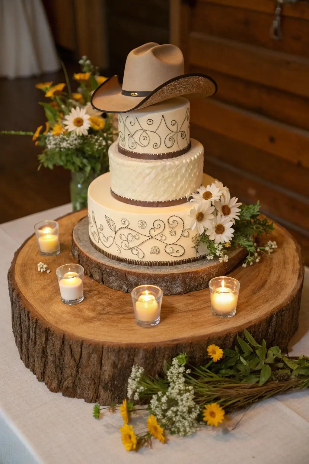 Western wedding cake displayed on a rustic wooden base.